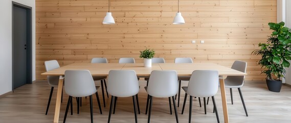 Modern bamboo dining room with extendable table and adaptive lighting, innovative social space