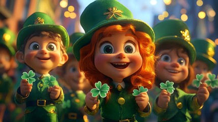 Cartoon characters participating in a St. Patrick's Day parade with green attire shamrocks and leprechauns