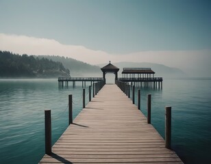 Fototapeta premium A Beautiful Serene Lake View Featuring a Wooden Pier Set Within a Misty Landscape Scene