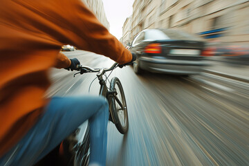Teenager riding a bike on a busy street