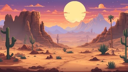 Game assets background RPG Gaming Battle Scene Desert sunset in Pixel 8bits 16bits 32 bits