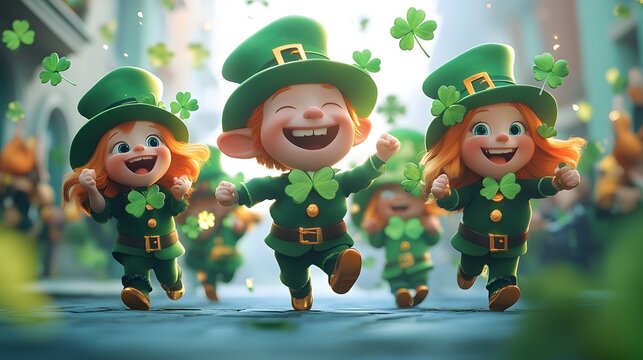 Cartoon characters participating in a St. Patrick's Day parade with green attire shamrocks and leprechauns