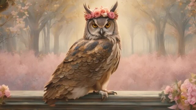 colorful owl surrounded by bright flowers, ,owl, colorful, vibrant, flowers, nature, whimsical, fantasy, cute, wildlife,4k,footage