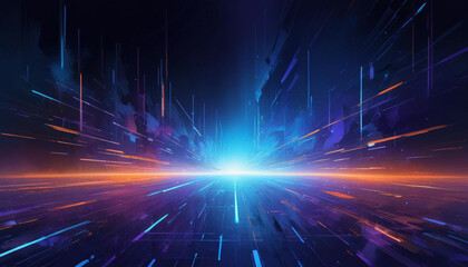 A futuristic, abstract landscape with a glowing purple horizon and a grid of lines and shapes in various shades of blue, orange, and purple, creating a sense of depth and movement