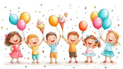 Fototapeta premium Cartoon kids celebrating Children's Day with games balloons and ice cream