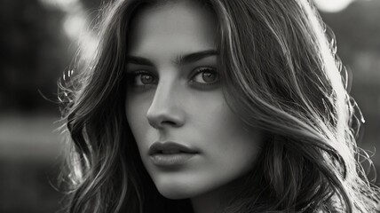 Portrait of a beautiful young woman. Black and white photo.