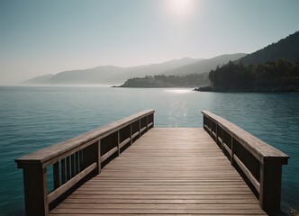 Fototapeta premium A Beautiful Serene Lake View Featuring a Wooden Pier Set Within a Misty Landscape Scene