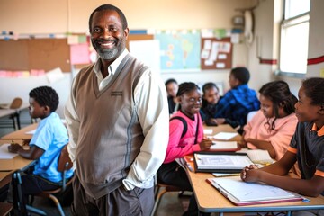 Happy African American teacher with his enthusiastic pupils in a classroom setting, highlighting the positive and engaging atmosphere of elementary school. Back to school concept.