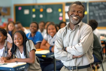 Smiling senior African American teacher with his diverse group of pupils in a classroom, showcasing the positive and multicultural environment of modern schooling. Back to school concept.