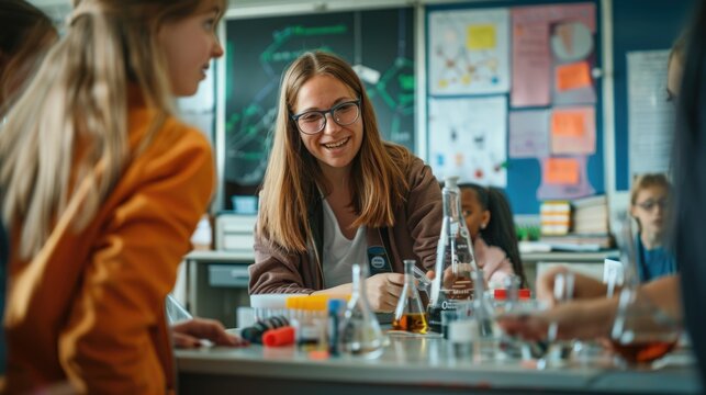 Smiling woman teacher with her enthusiastic pupils in a classroom, showcasing the vibrant and supportive atmosphere of the back-to-school season.