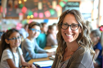 Fototapeta premium Cheerful portrait of a female teacher surrounded by her pupils in a classroom, highlighting the energetic and welcoming vibe of back-to-school.
