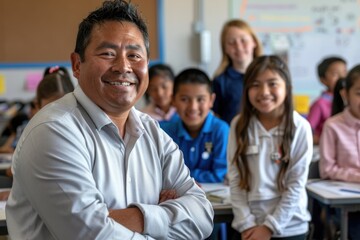 Obraz premium Latino male teacher with a bright smile and his joyful pupils in a classroom, emphasizing the friendly and engaging atmosphere of an elementary school.