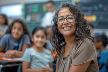 Fototapeta premium Latino American female teacher with a big smile and her diverse group of pupils in a classroom, highlighting the positive and dynamic back-to-school atmosphere.