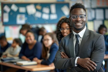 Cheerful African American teacher with a warm smile surrounded by his enthusiastic pupils in a colorful classroom, showcasing a multicultural and positive learning environment. Back to school concept.