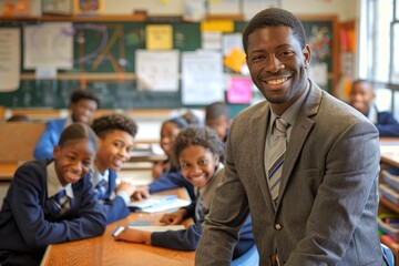 Smiling African American male teacher posing with his happy students in a vibrant classroom, highlighting the inclusive and supportive atmosphere of primary education. Back to school concept.