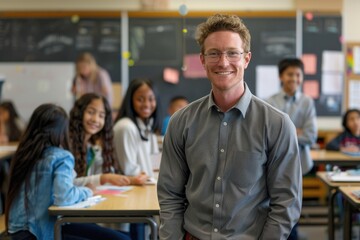Portrait of a smiling American male teacher with his diverse group of pupils in a vibrant classroom, capturing the engaging and inclusive learning environment. Back to school concept.
