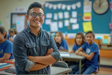 Smiling American male teacher posing with his cheerful students in a lively classroom, highlighting the supportive and positive atmosphere of primary education. Back to school concept.
