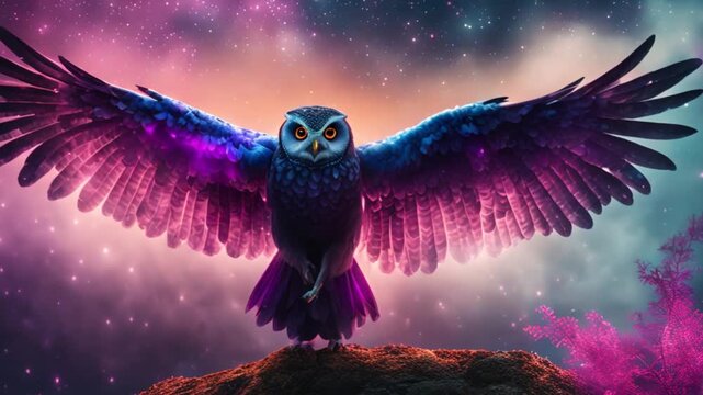 Silhouette of an owl with smoked eyes under the wisdom scene of a starry night.