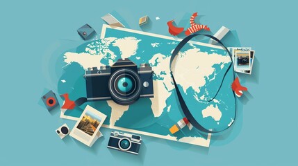 Travel concept with camera, map, and assorted snapshots