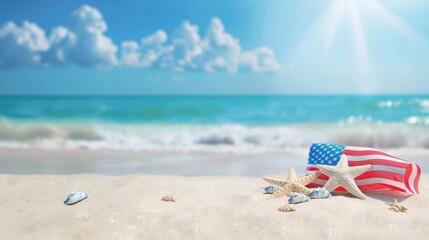 Starfish on Beach with American Flag