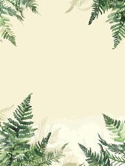 Green fern leaf border background. Watercolor painted green fern leaves in a border frame design, with a simple cream background, perfect for invitations, cards, or scrapbook projects.