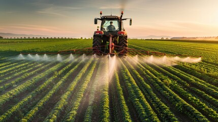 Fototapeta premium Tractor Spraying Crops at Sunset