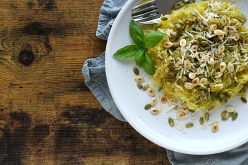 Pumpkin Seed Pesto Spaghetti Squash - autumn, fall season, harvest food overhead flat lay