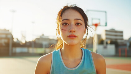 Cinematic shot of a young Japanese woman on an outdoor basketball court