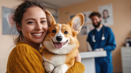 The woman and the happy corgi