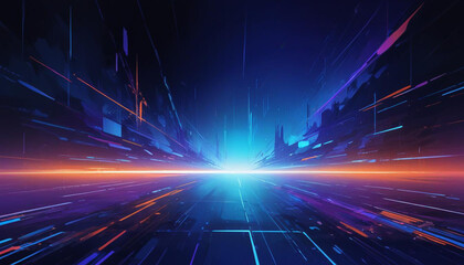  A futuristic, abstract landscape with a glowing purple horizon and a grid of lines and shapes in various shades of blue, orange, and purple, creating a sense of depth and movement 