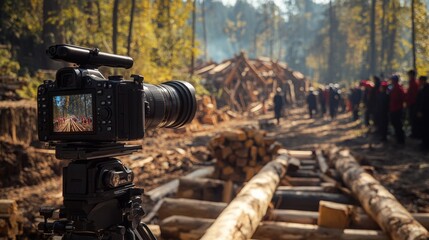 A professional camera on a tripod focuses on lumber operations amidst a forest, with workers nearby preparing logs and structures.