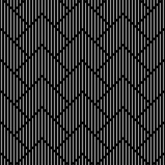 Seamless striped pattern consisting of straight white lines of triangular shape on a black background. Suitable for various decoration designs, textiles, tiles, wallpapers, backdrops, etc.