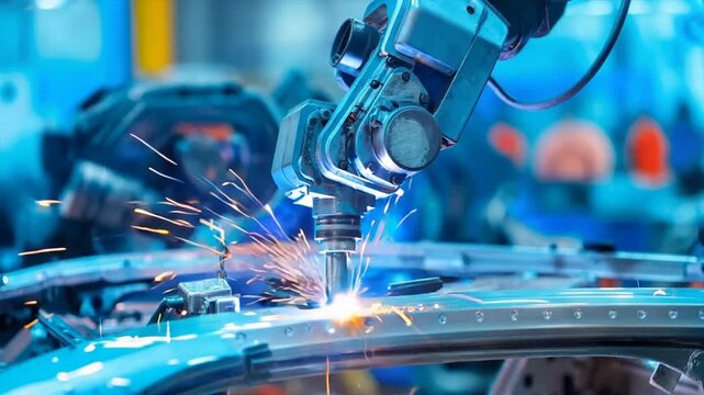 Automatic welding robot arm with HUD data and control, working welding assembly car chassis in automobile industry.