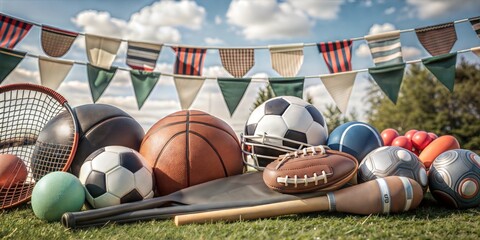 Fun Sports Day Banner with Various Sports Equipment and Green Fields