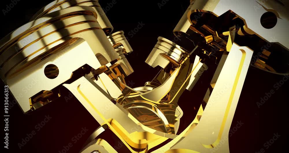 Poster close up gold colored powerful v8 engine animation. industry related high quality 3d 4k animation.