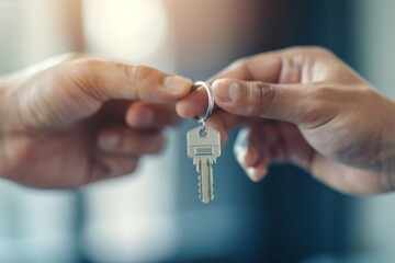 A man and a woman are holding a key together. Concept of unity and partnership, as the two people work together to hold the key. The key itself represents a symbol of trust and security