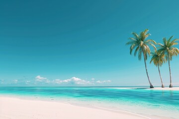 A beautiful beach with palm trees and a clear blue ocean. The scene is peaceful and relaxing, perfect for a day of sunbathing and swimming
