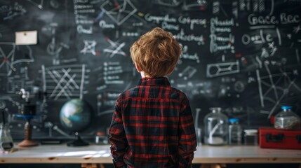 Young boy observes complex formulas on classroom board
