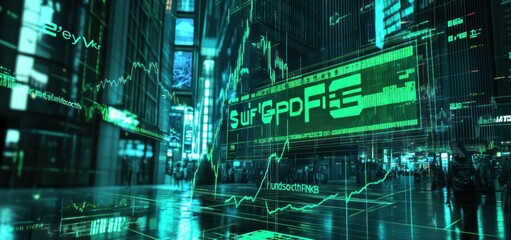 Cyberpunk Cityscape with Stock Market Data
