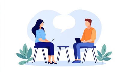 Fototapeta premium Two individuals engage in conversation while seated, using laptops and surrounded by greenery, symbolizing collaboration and communication.