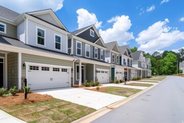 A row of houses with a green house in the middle. The houses are all white and have a lot of windows