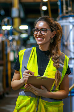 An engineering student doing an internship in an industrial company dressed in safety clothing, safety vest, safety glasses, and a safety vest.
