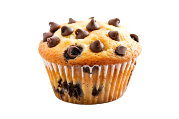 A freshly baked and fluffy chocolate muffin or cupcake isolated on white transparent background, beautifully topped with delightful sweet choco flakes