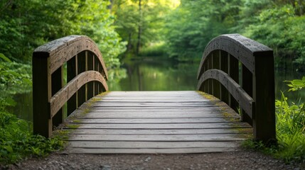 Obraz premium A serene wooden bridge spans a tranquil pond, surrounded by lush greenery, inviting peaceful walks and nature exploration.