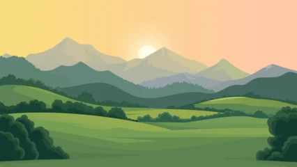 Fototapete Rund Beautiful vector illustration of a landscape, green meadows, fields, trees and mountains. Beautiful landscape of mountains, forests and meadows at sunset. Beautiful landscape for print and design. © LoveSan