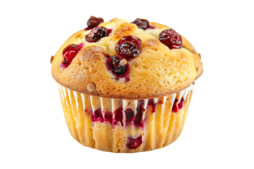 A freshly baked and fluffy cranberry muffin or cupcake isolated on white transparent background, beautifully topped with delightful sweet berries