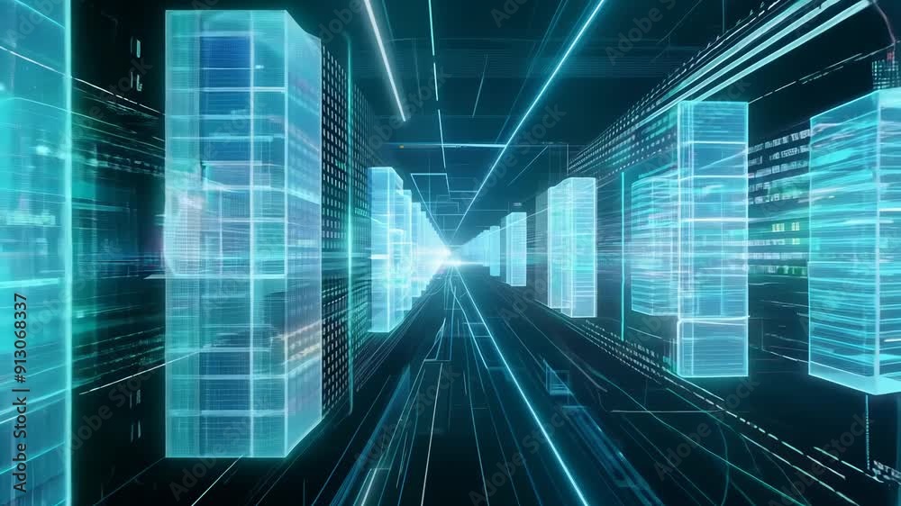 Poster virtual data center corridor with cloud servers providing compute power
