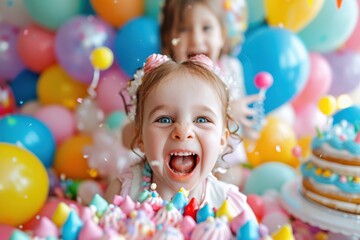 Obraz premium An excited toddler with wide eyes and balloons in the background enjoys their birthday party filled with cake, confetti, and colorful decorations among friends and family.