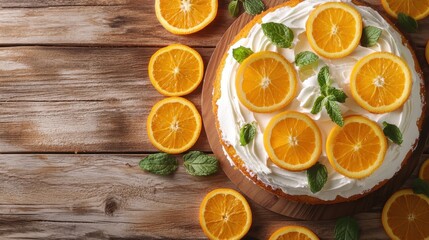 Citrus delight homemade orange cake with vanilla cream on a rustic wooden table, garnished with fresh orange slices and mint leaves