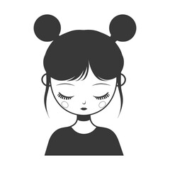 Cartoon illustration of a woman with her eyes closed and hair in buns